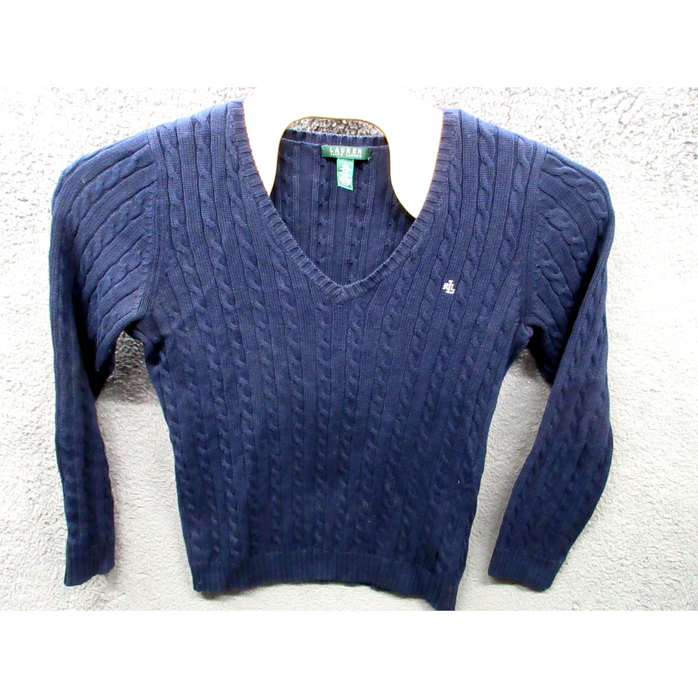 Lauren Ralph Lauren Sweater Womens Large Navy Cable Knit V-Neck Cotton